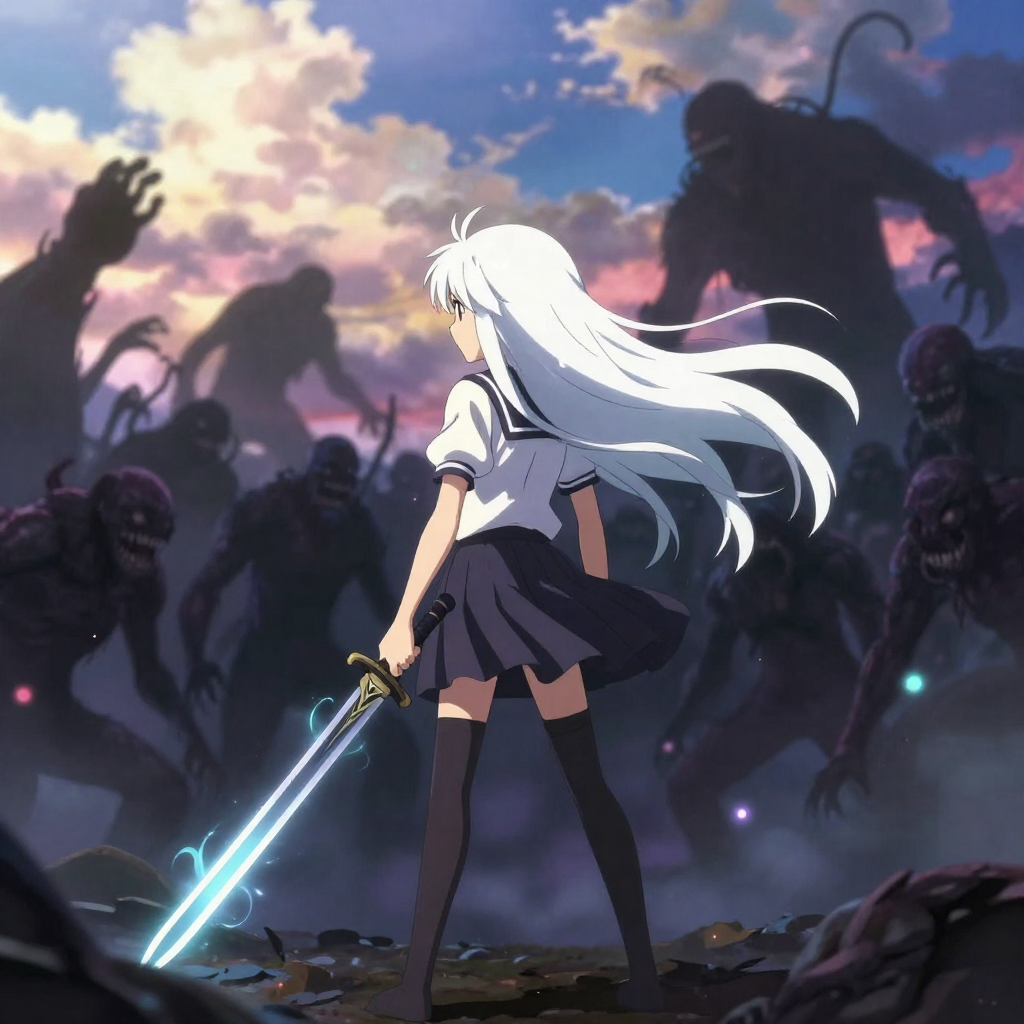AI Image Generator - Z-Image Turbo: Makoto Shinkai anime style masterpiece, a solitary girl with long flowing white hair w...