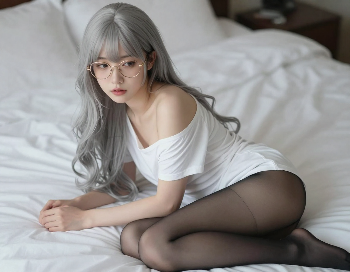 AI Image Generator - Z-Image Turbo: A stunning 25-year-old Japanese woman with long wavy silver hair and delicate gold-rim...